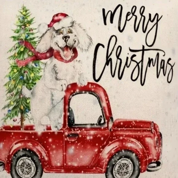 NEW MERRY CHRISTMAS VINTAGE RED TRUCK PUPPY DOG TREE LINEN PILLOW COVER 17.7" - Picture 3 of 4